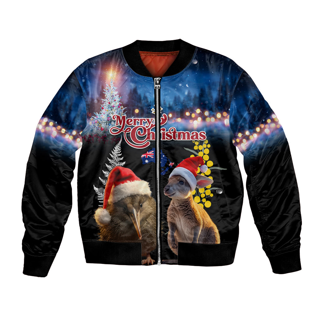 New Zealand and Australia Merry Christmas Bomber Jacket Kiwi Bird and Kangaroo Xmas Vibe LT03 Unisex Black - Polynesian Pride