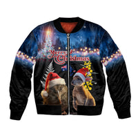 New Zealand and Australia Merry Christmas Bomber Jacket Kiwi Bird and Kangaroo Xmas Vibe LT03 Unisex Black - Polynesian Pride