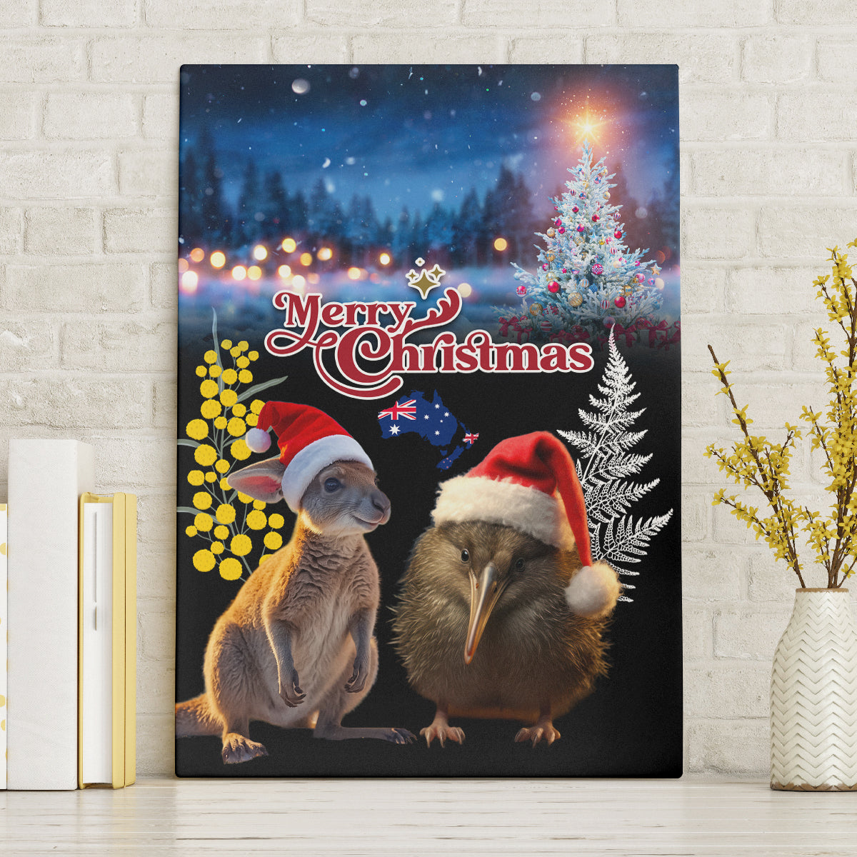 New Zealand and Australia Merry Christmas Canvas Wall Art Kiwi Bird and Kangaroo Xmas Vibe LT03 Without Frame Black - Polynesian Pride