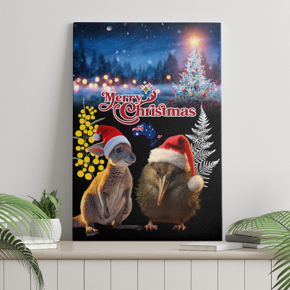 New Zealand and Australia Merry Christmas Canvas Wall Art Kiwi Bird and Kangaroo Xmas Vibe LT03 - Polynesian Pride