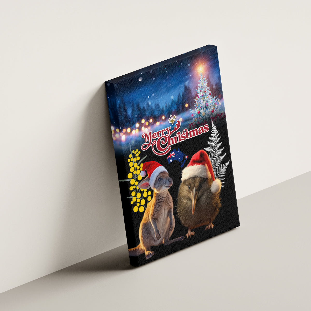 New Zealand and Australia Merry Christmas Canvas Wall Art Kiwi Bird and Kangaroo Xmas Vibe LT03 - Polynesian Pride