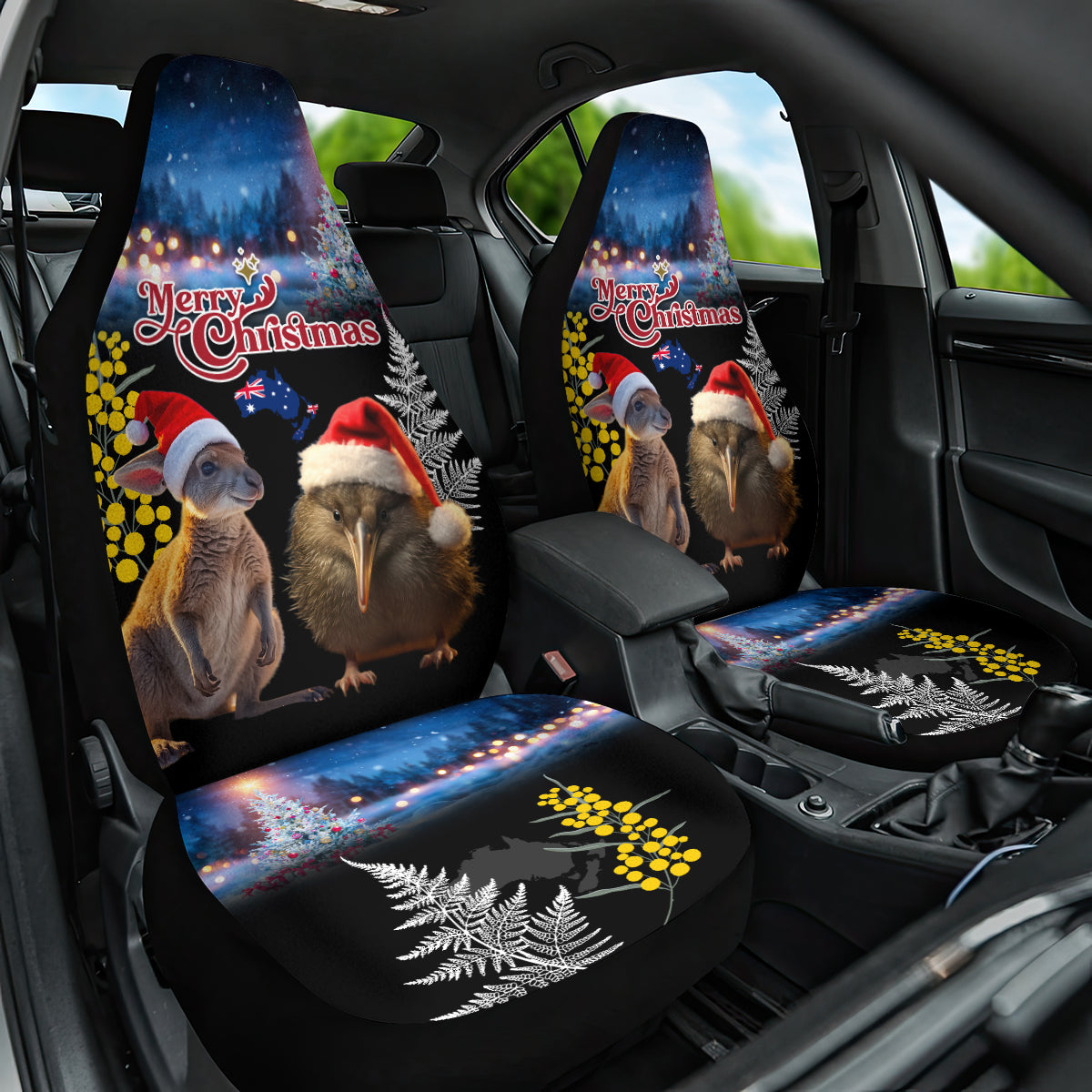 New Zealand and Australia Merry Christmas Car Seat Cover Kiwi Bird and Kangaroo Xmas Vibe LT03 One Size Black - Polynesian Pride