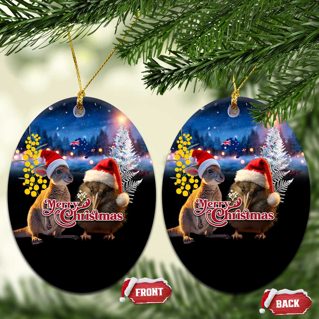 New Zealand and Australia Merry Christmas Ceramic Ornament Kiwi Bird and Kangaroo Xmas Vibe LT03 Oval Black - Polynesian Pride