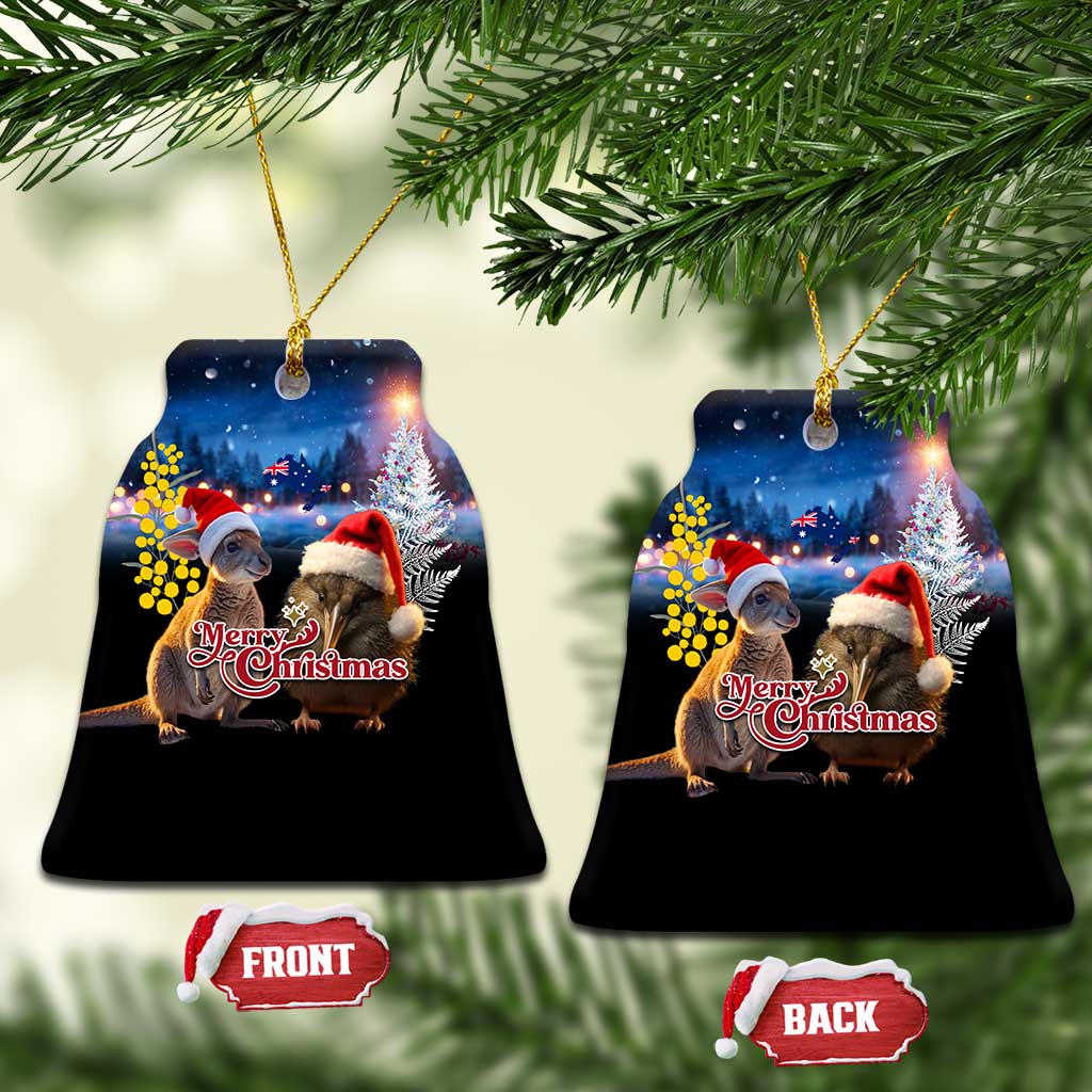 New Zealand and Australia Merry Christmas Ceramic Ornament Kiwi Bird and Kangaroo Xmas Vibe LT03 Bell Flake Black - Polynesian Pride