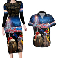 New Zealand and Australia Merry Christmas Couples Matching Long Sleeve Bodycon Dress and Hawaiian Shirt Kiwi Bird and Kangaroo Xmas Vibe LT03 Black - Polynesian Pride