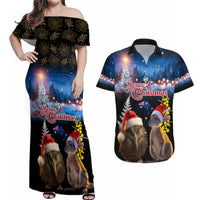 New Zealand and Australia Merry Christmas Couples Matching Off Shoulder Maxi Dress and Hawaiian Shirt Kiwi Bird and Kangaroo Xmas Vibe LT03 Black - Polynesian Pride