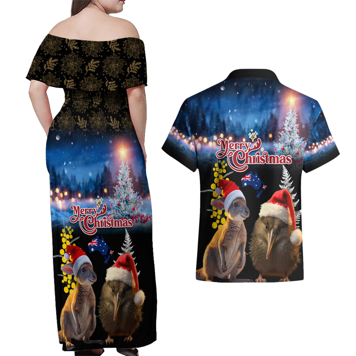 New Zealand and Australia Merry Christmas Couples Matching Off Shoulder Maxi Dress and Hawaiian Shirt Kiwi Bird and Kangaroo Xmas Vibe LT03 - Polynesian Pride