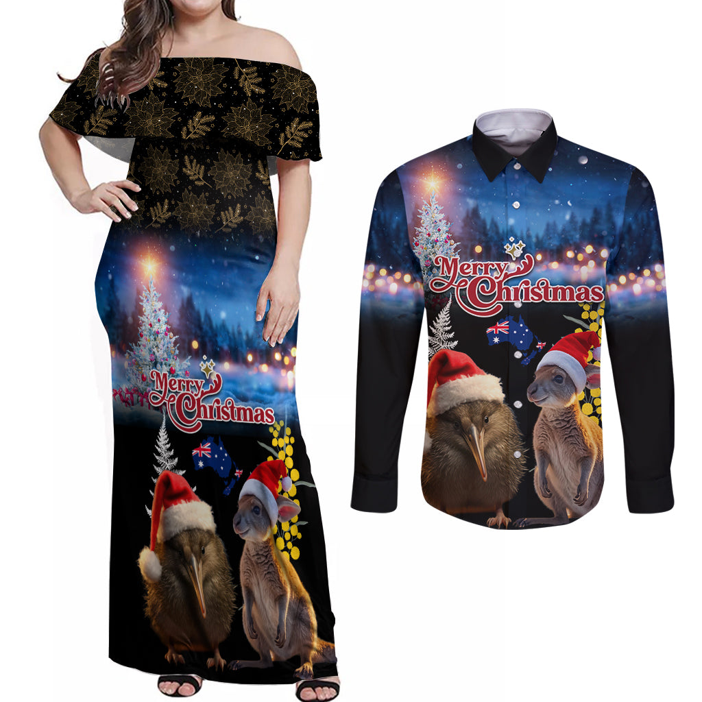 New Zealand and Australia Merry Christmas Couples Matching Off Shoulder Maxi Dress and Long Sleeve Button Shirt Kiwi Bird and Kangaroo Xmas Vibe LT03 Black - Polynesian Pride