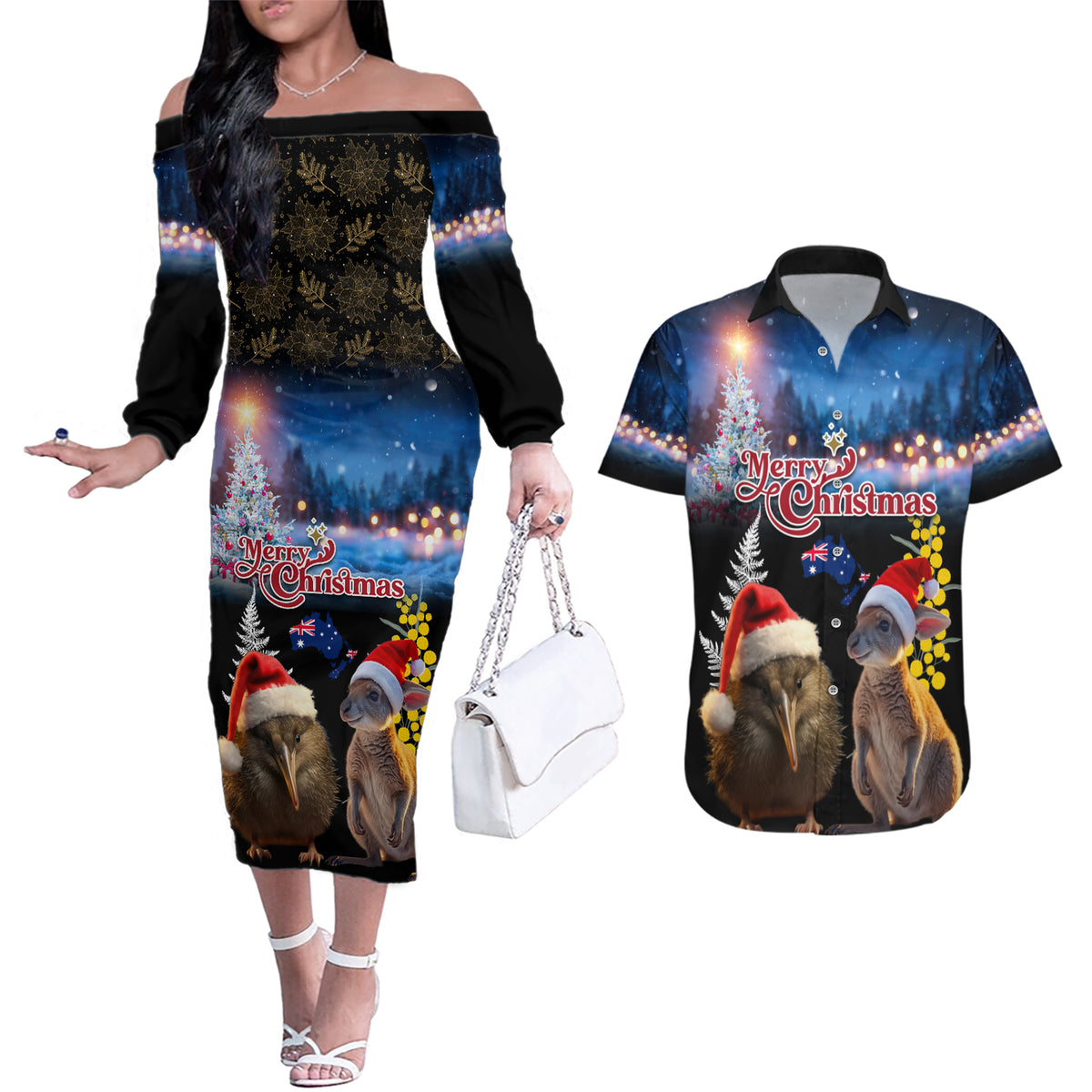 New Zealand and Australia Merry Christmas Couples Matching Off The Shoulder Long Sleeve Dress and Hawaiian Shirt Kiwi Bird and Kangaroo Xmas Vibe LT03 Black - Polynesian Pride