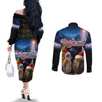 New Zealand and Australia Merry Christmas Couples Matching Off The Shoulder Long Sleeve Dress and Long Sleeve Button Shirt Kiwi Bird and Kangaroo Xmas Vibe LT03 - Polynesian Pride