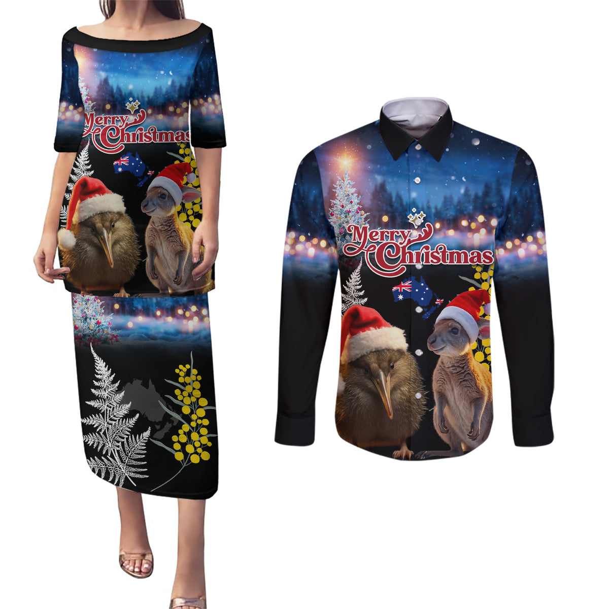 New Zealand and Australia Merry Christmas Couples Matching Puletasi and Long Sleeve Button Shirt Kiwi Bird and Kangaroo Xmas Vibe LT03 Black - Polynesian Pride