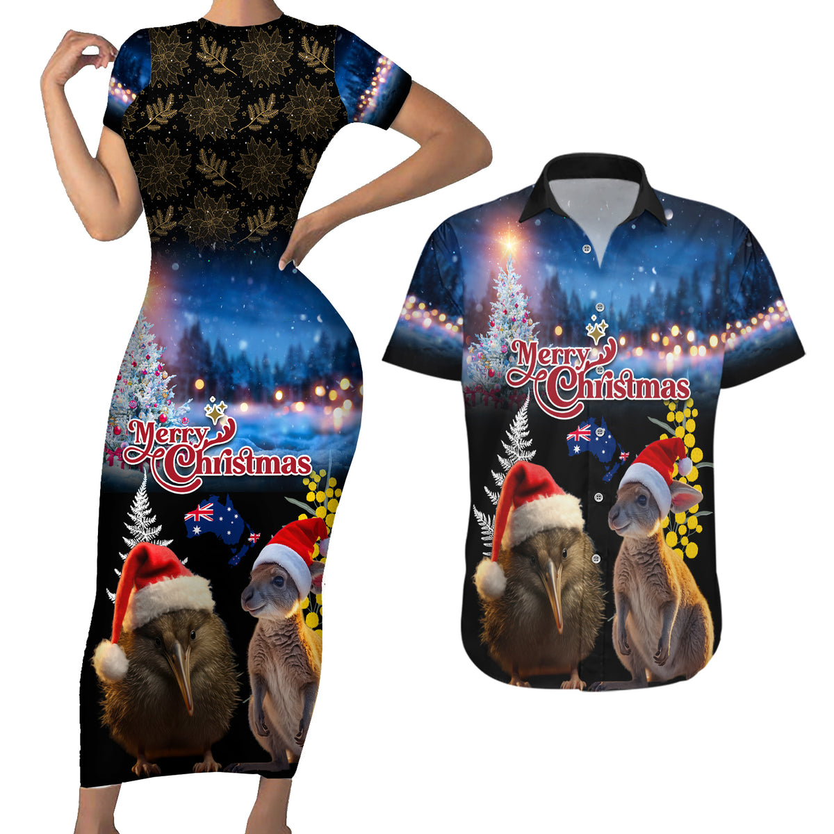 New Zealand and Australia Merry Christmas Couples Matching Short Sleeve Bodycon Dress and Hawaiian Shirt Kiwi Bird and Kangaroo Xmas Vibe LT03 Black - Polynesian Pride