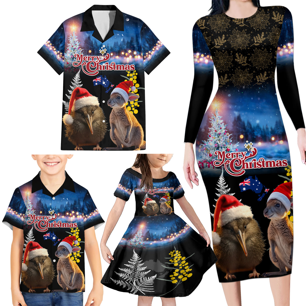 New Zealand and Australia Merry Christmas Family Matching Long Sleeve Bodycon Dress and Hawaiian Shirt Kiwi Bird and Kangaroo Xmas Vibe LT03 - Polynesian Pride