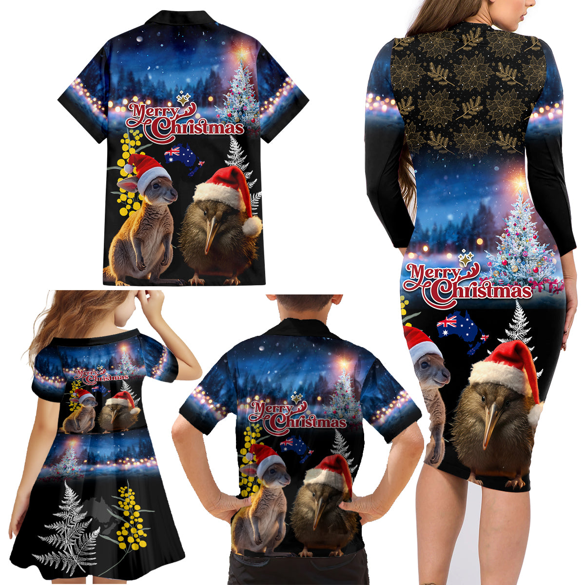 New Zealand and Australia Merry Christmas Family Matching Long Sleeve Bodycon Dress and Hawaiian Shirt Kiwi Bird and Kangaroo Xmas Vibe LT03 - Polynesian Pride