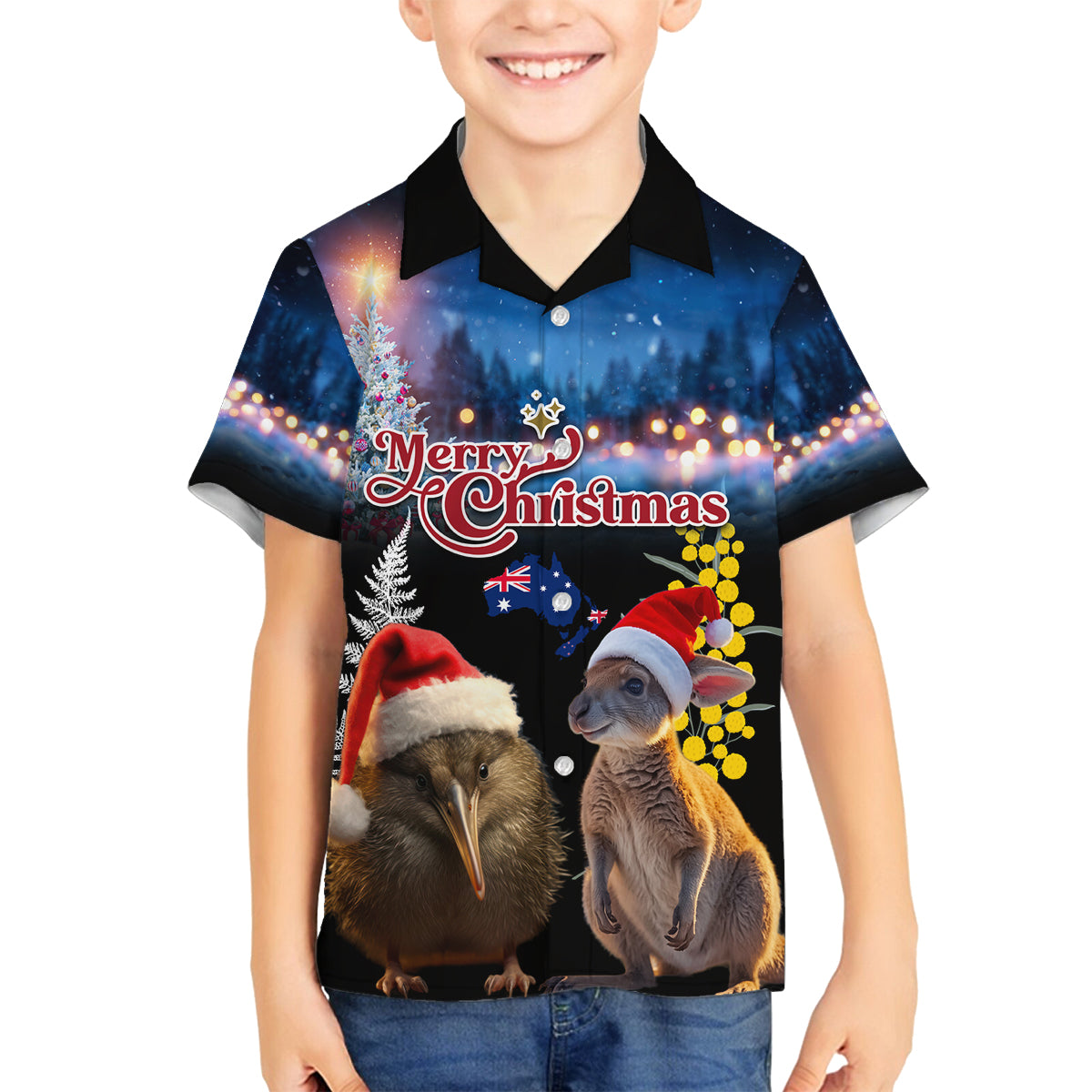 New Zealand and Australia Merry Christmas Family Matching Long Sleeve Bodycon Dress and Hawaiian Shirt Kiwi Bird and Kangaroo Xmas Vibe LT03 Son's Shirt Black - Polynesian Pride