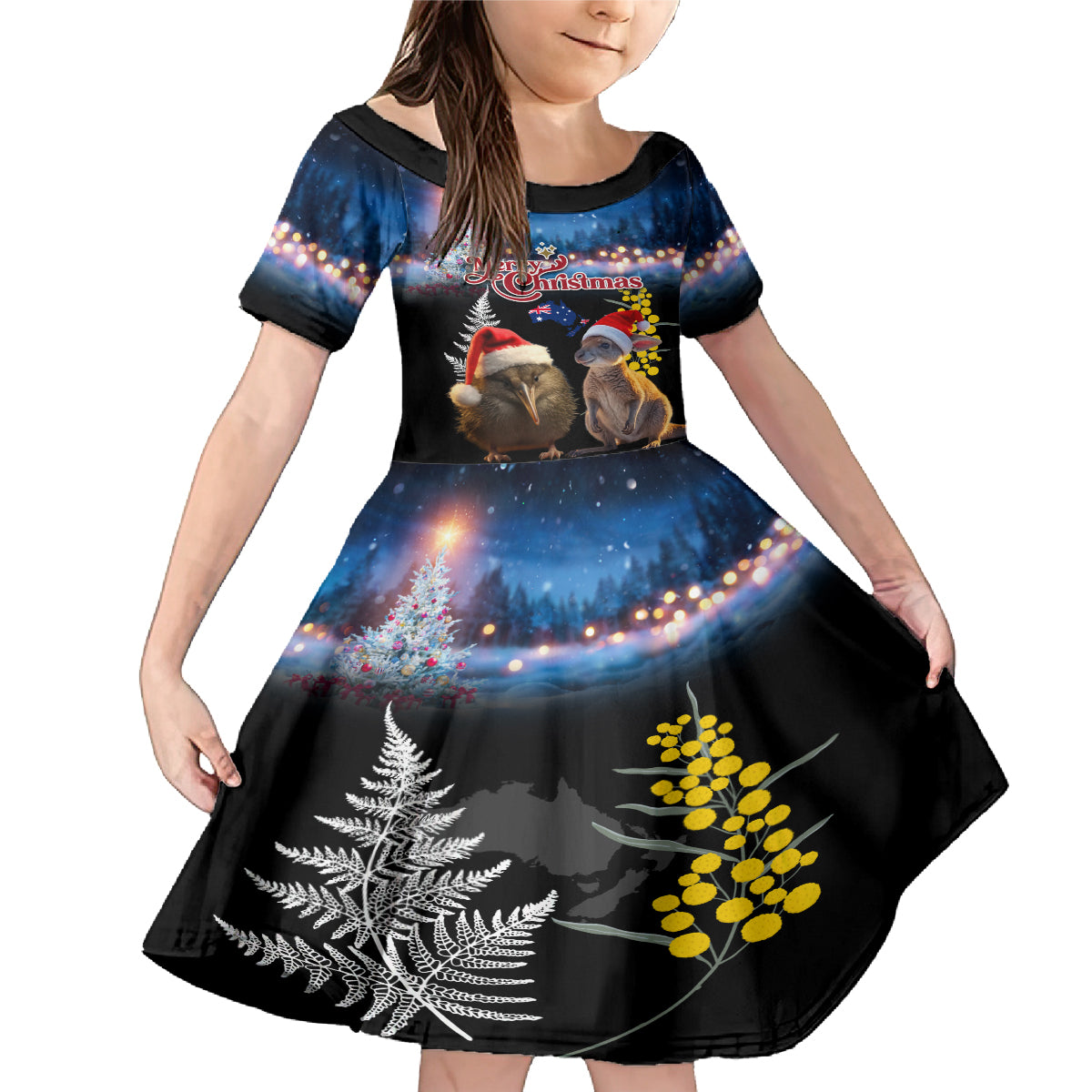 New Zealand and Australia Merry Christmas Family Matching Mermaid Dress and Hawaiian Shirt Kiwi Bird and Kangaroo Xmas Vibe LT03 Daughter's Dress Black - Polynesian Pride