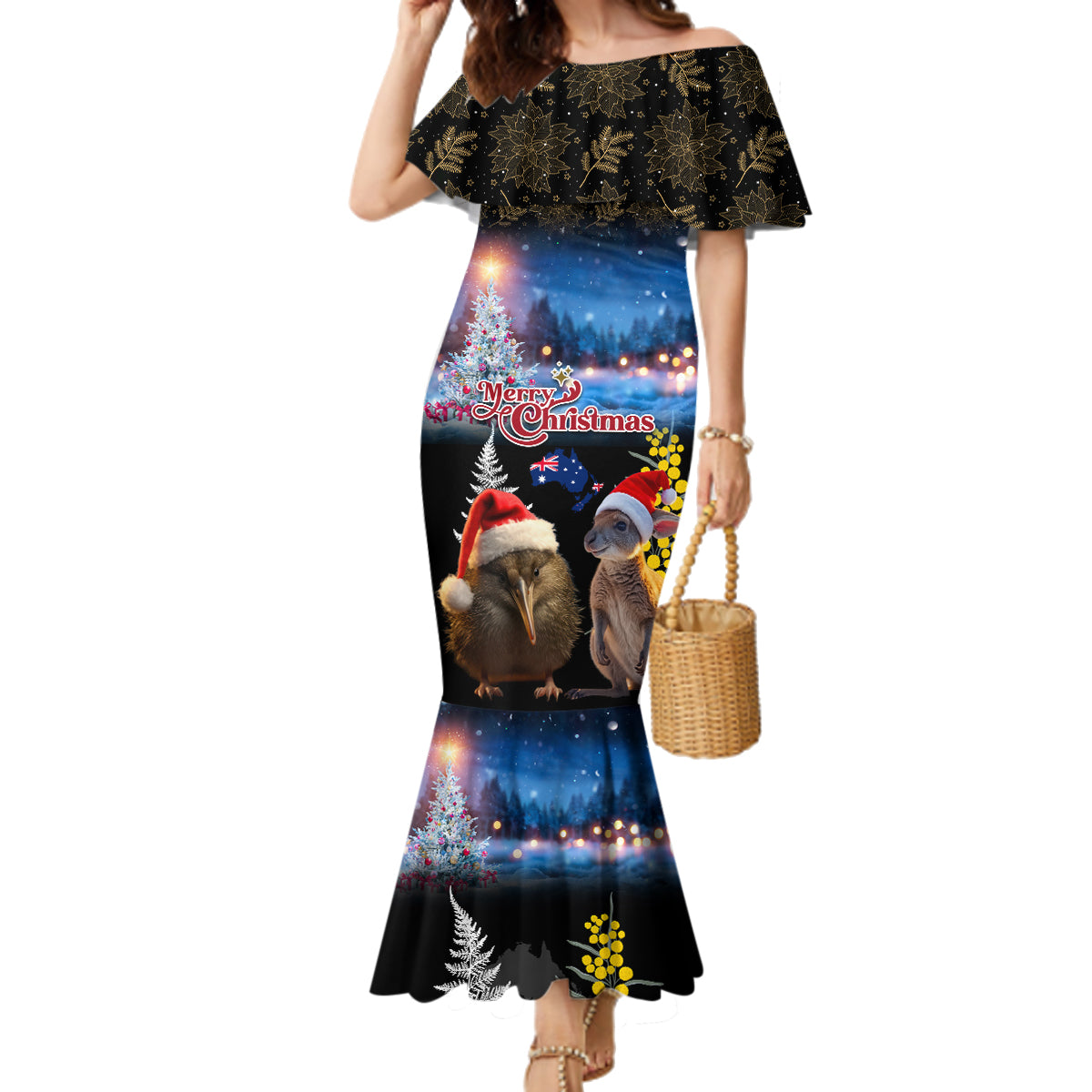 New Zealand and Australia Merry Christmas Family Matching Mermaid Dress and Hawaiian Shirt Kiwi Bird and Kangaroo Xmas Vibe LT03 Mom's Dress Black - Polynesian Pride