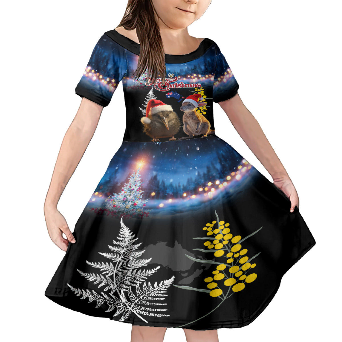 New Zealand and Australia Merry Christmas Family Matching Off The Shoulder Long Sleeve Dress and Hawaiian Shirt Kiwi Bird and Kangaroo Xmas Vibe LT03 Daughter's Dress Black - Polynesian Pride