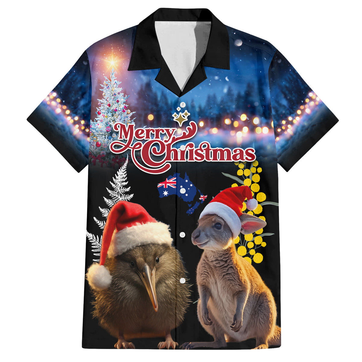 New Zealand and Australia Merry Christmas Family Matching Off Shoulder Maxi Dress and Hawaiian Shirt Kiwi Bird and Kangaroo Xmas Vibe LT03 Dad's Shirt - Short Sleeve Black - Polynesian Pride
