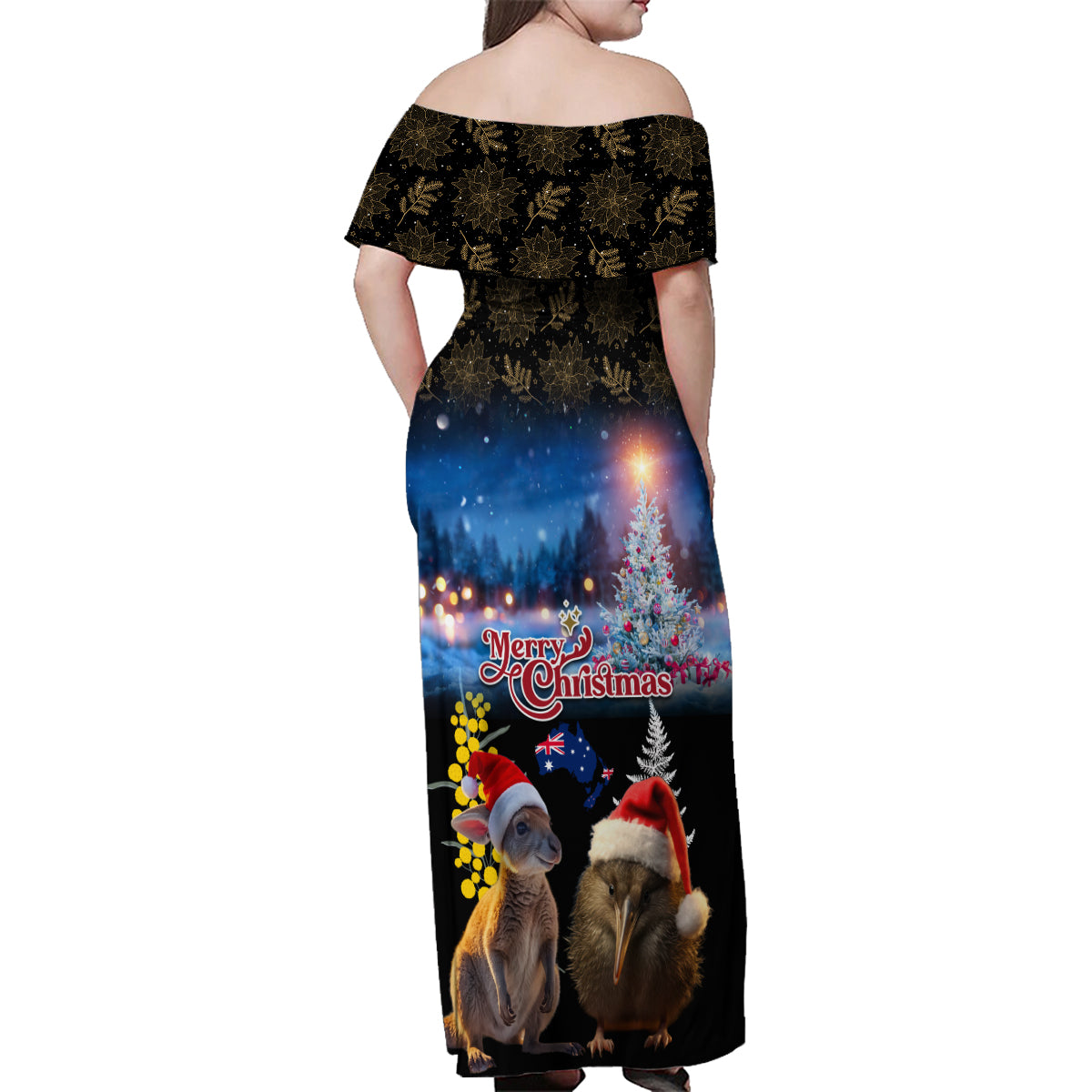 New Zealand and Australia Merry Christmas Family Matching Off Shoulder Maxi Dress and Hawaiian Shirt Kiwi Bird and Kangaroo Xmas Vibe LT03 - Polynesian Pride