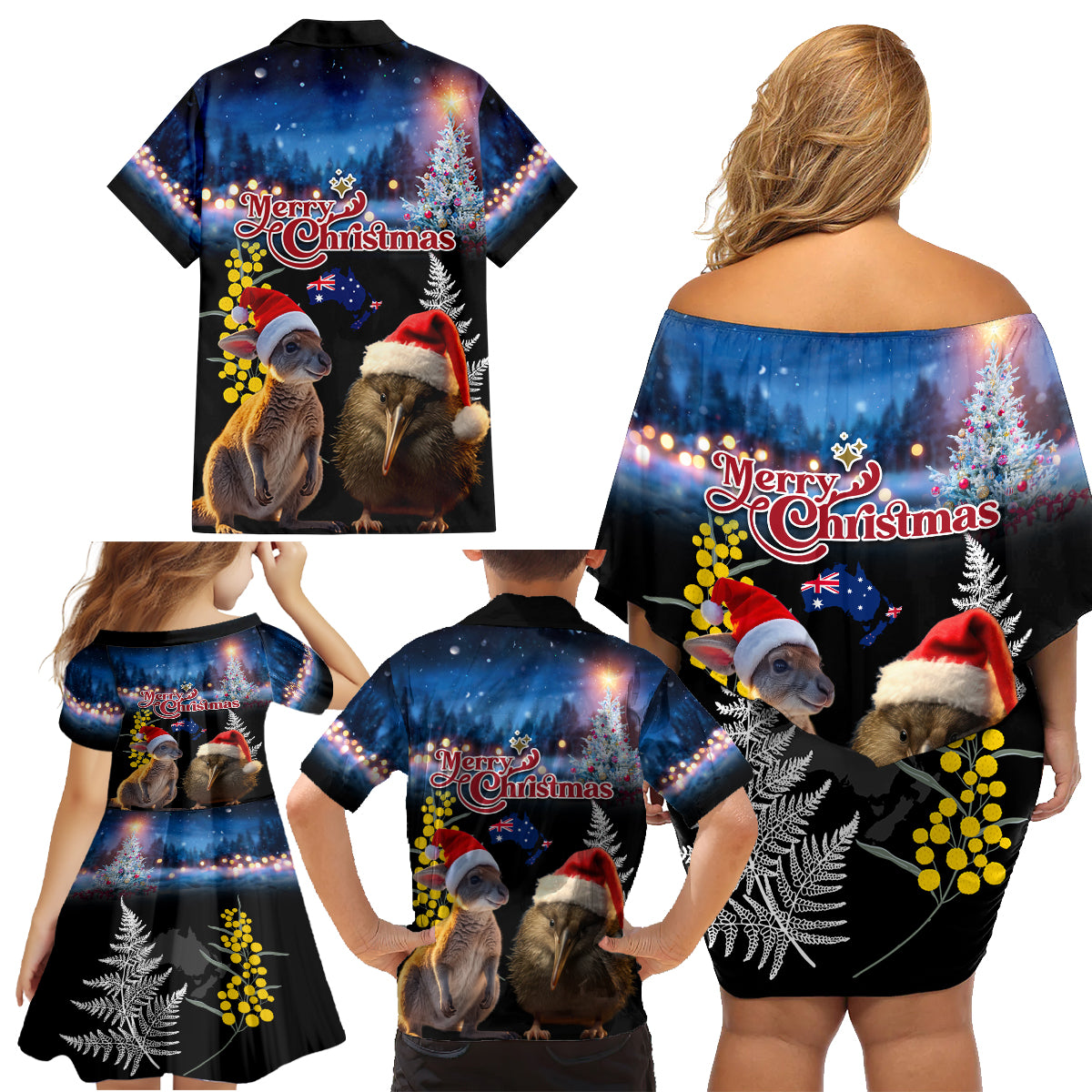 New Zealand and Australia Merry Christmas Family Matching Off Shoulder Short Dress and Hawaiian Shirt Kiwi Bird and Kangaroo Xmas Vibe LT03 - Polynesian Pride