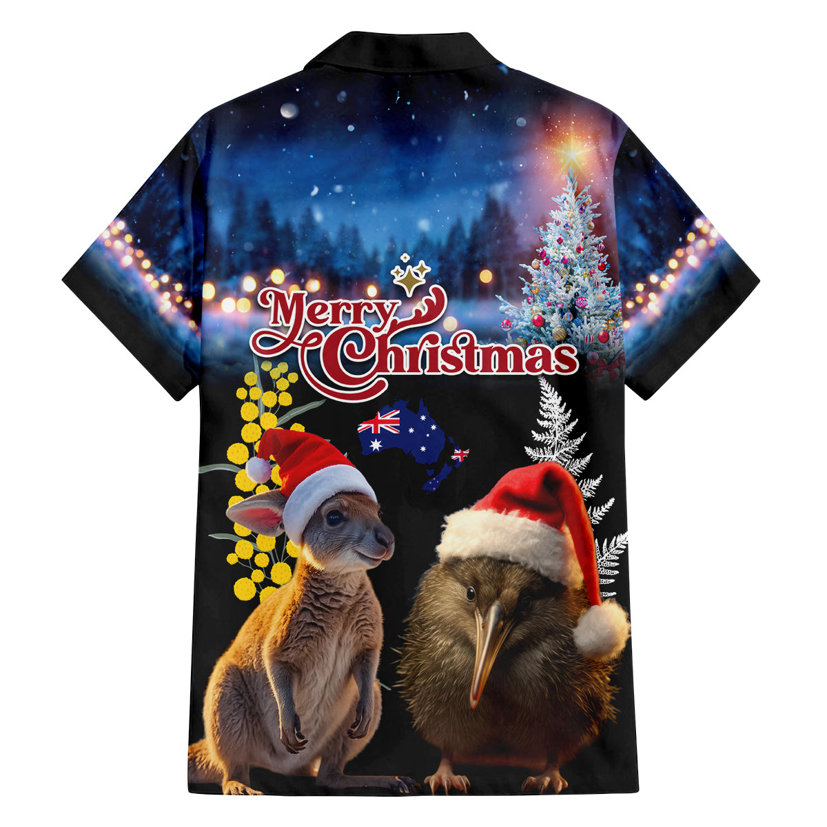 New Zealand and Australia Merry Christmas Family Matching Off Shoulder Short Dress and Hawaiian Shirt Kiwi Bird and Kangaroo Xmas Vibe LT03 - Polynesian Pride