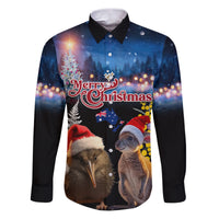 New Zealand and Australia Merry Christmas Family Matching Puletasi and Hawaiian Shirt Kiwi Bird and Kangaroo Xmas Vibe LT03 Dad's Shirt - Long Sleeve Black - Polynesian Pride