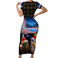 New Zealand and Australia Merry Christmas Family Matching Short Sleeve Bodycon Dress and Hawaiian Shirt Kiwi Bird and Kangaroo Xmas Vibe LT03 Mom's Dress Black - Polynesian Pride