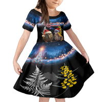 New Zealand and Australia Merry Christmas Family Matching Summer Maxi Dress and Hawaiian Shirt Kiwi Bird and Kangaroo Xmas Vibe LT03 Daughter's Dress Black - Polynesian Pride