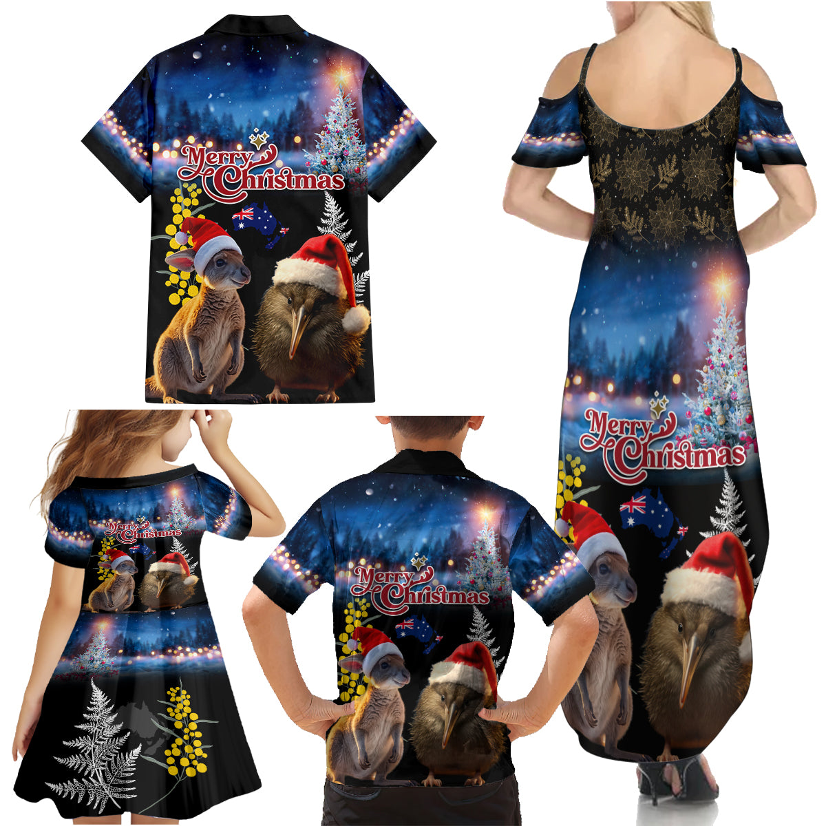 New Zealand and Australia Merry Christmas Family Matching Summer Maxi Dress and Hawaiian Shirt Kiwi Bird and Kangaroo Xmas Vibe LT03 - Polynesian Pride