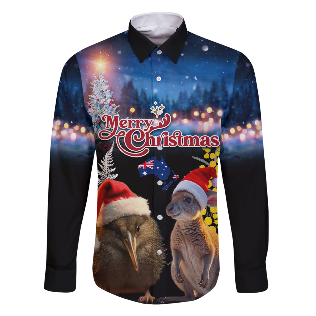 New Zealand and Australia Merry Christmas Family Matching Tank Maxi Dress and Hawaiian Shirt Kiwi Bird and Kangaroo Xmas Vibe LT03 Dad's Shirt - Long Sleeve Black - Polynesian Pride