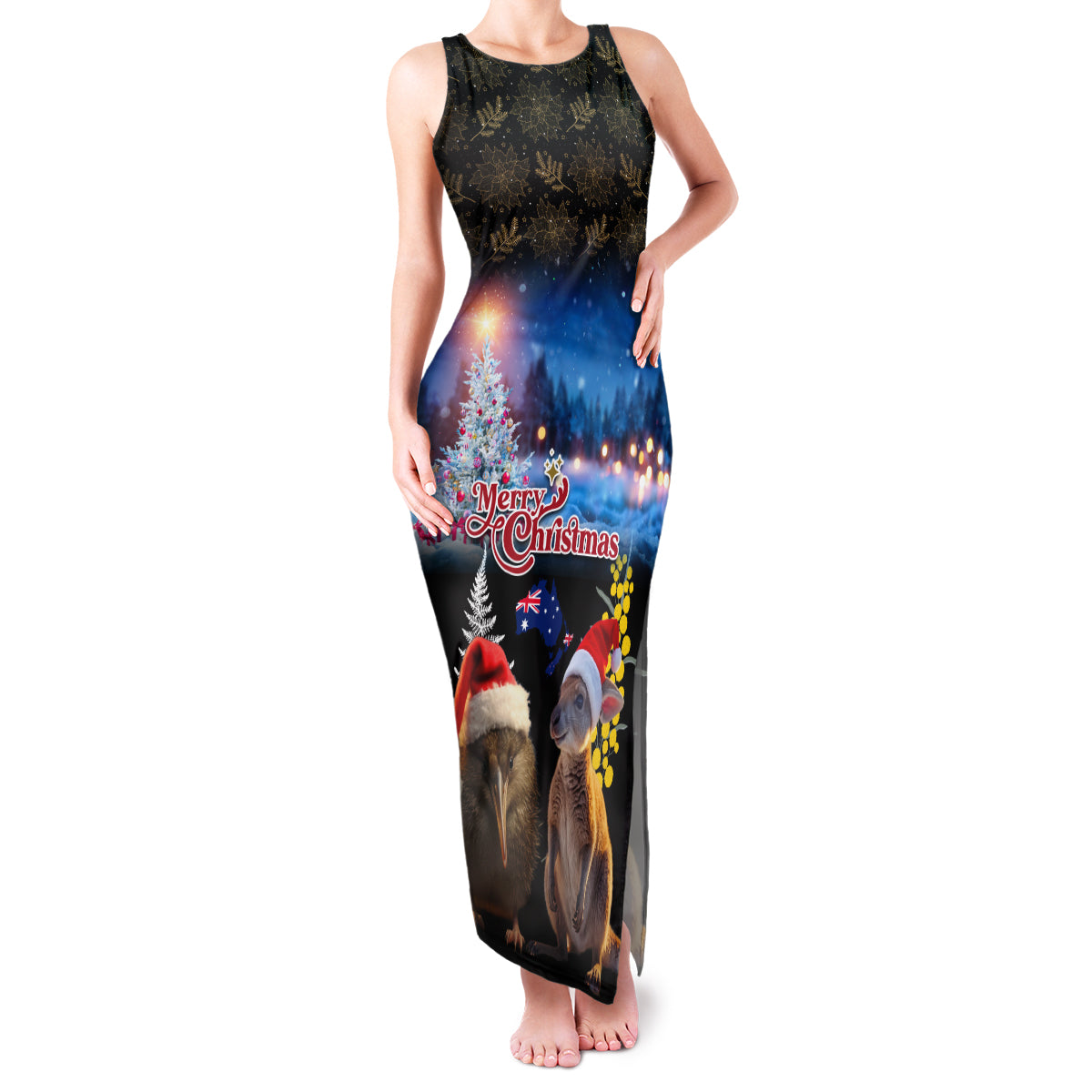 New Zealand and Australia Merry Christmas Family Matching Tank Maxi Dress and Hawaiian Shirt Kiwi Bird and Kangaroo Xmas Vibe LT03 Mom's Dress Black - Polynesian Pride