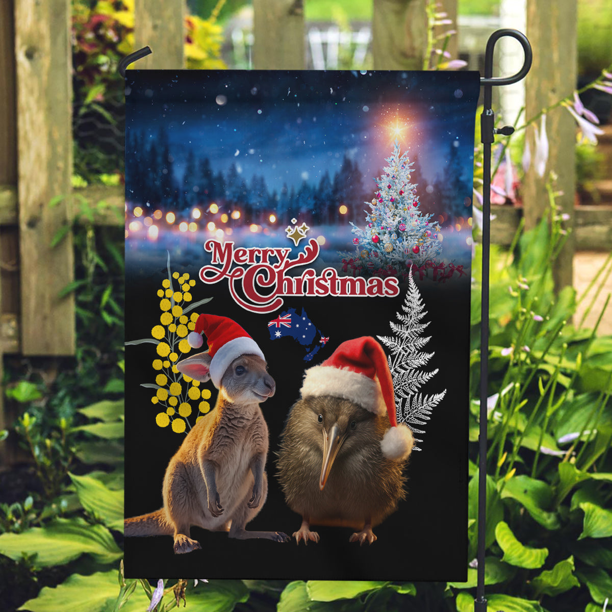 New Zealand and Australia Merry Christmas Garden Flag Kiwi Bird and Kangaroo Xmas Vibe LT03 Garden Flag Black - Polynesian Pride