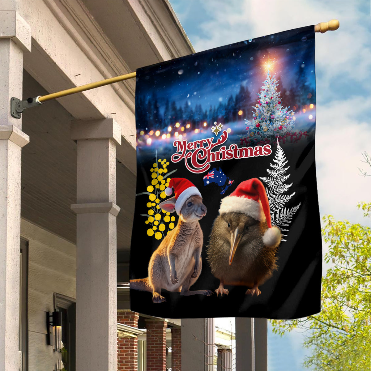 New Zealand and Australia Merry Christmas Garden Flag Kiwi Bird and Kangaroo Xmas Vibe LT03 House Flag Black - Polynesian Pride