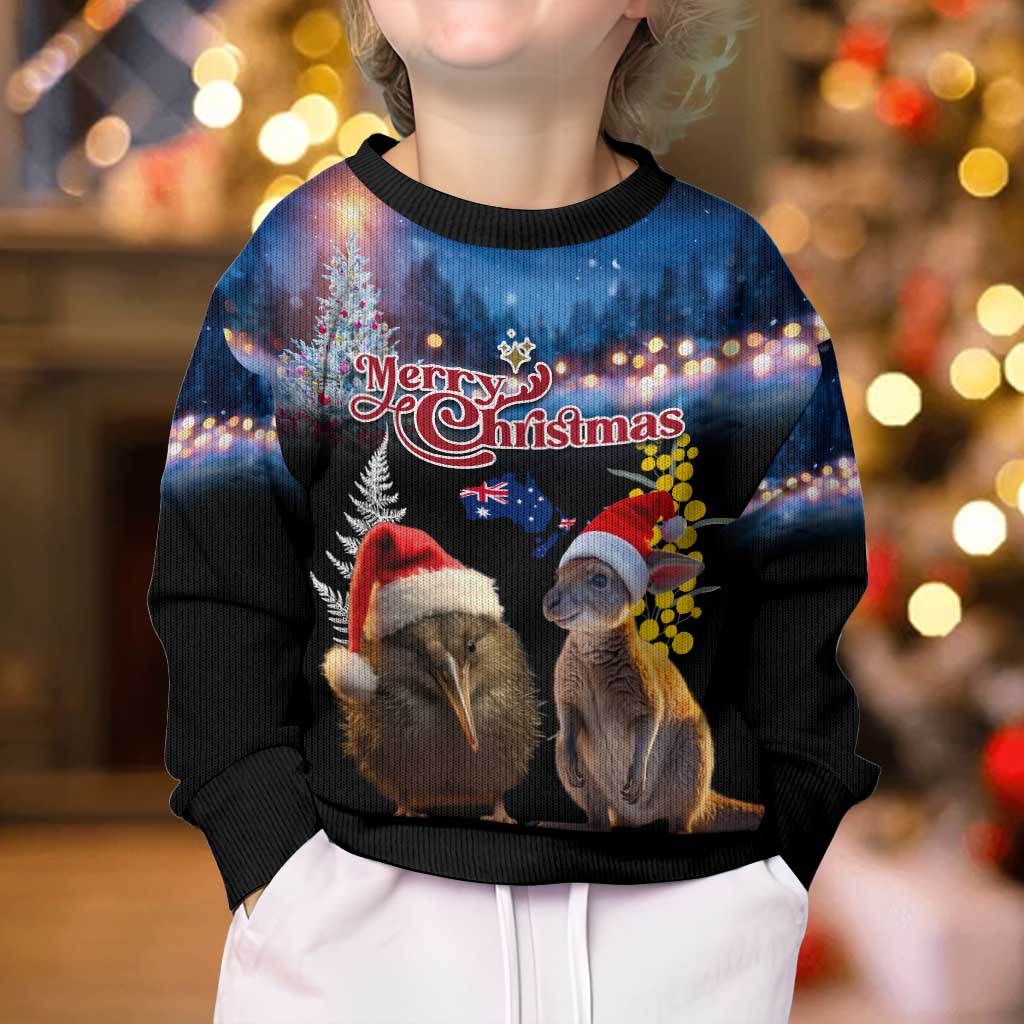 New Zealand and Australia Merry Christmas Kid Ugly Christmas Sweater Kiwi Bird and Kangaroo Xmas Vibe LT03 - Polynesian Pride