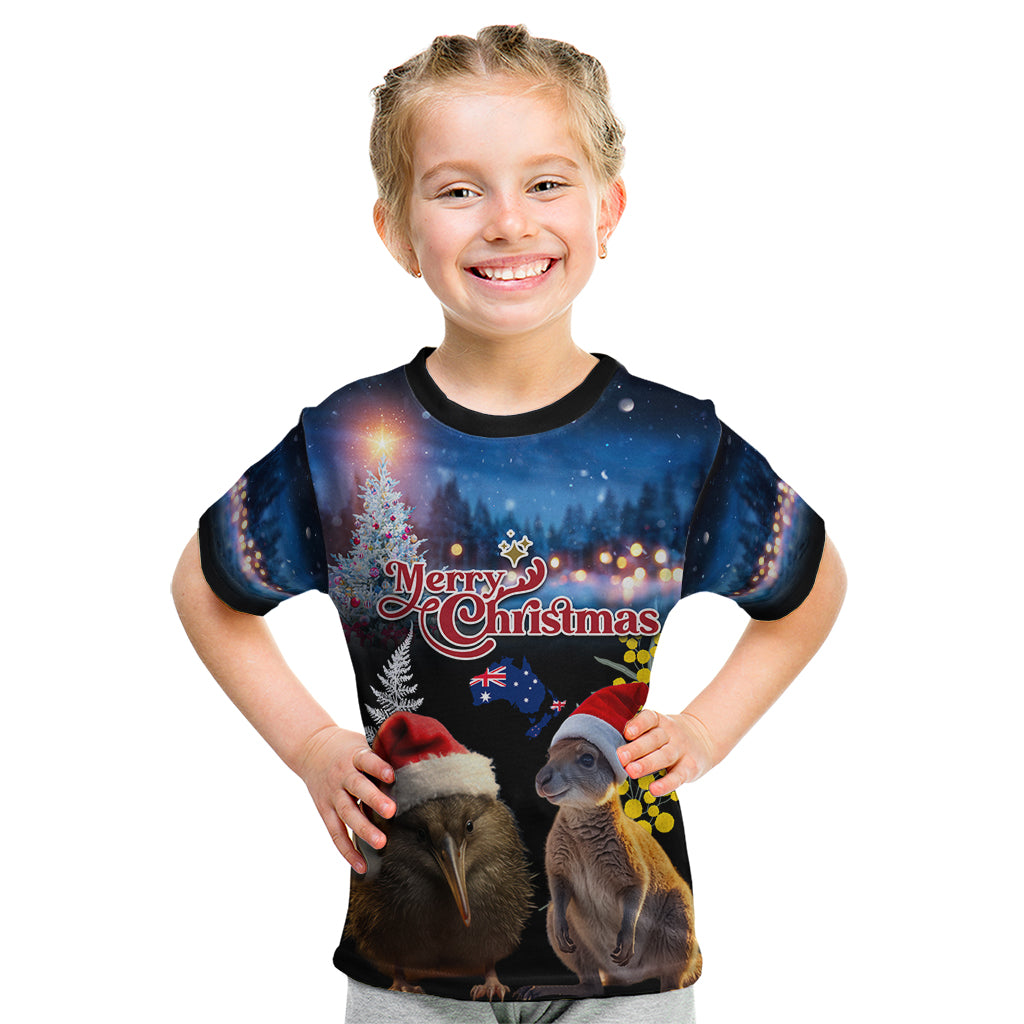New Zealand and Australia Merry Christmas Kid T Shirt Kiwi Bird and Kangaroo Xmas Vibe LT03 Black - Polynesian Pride