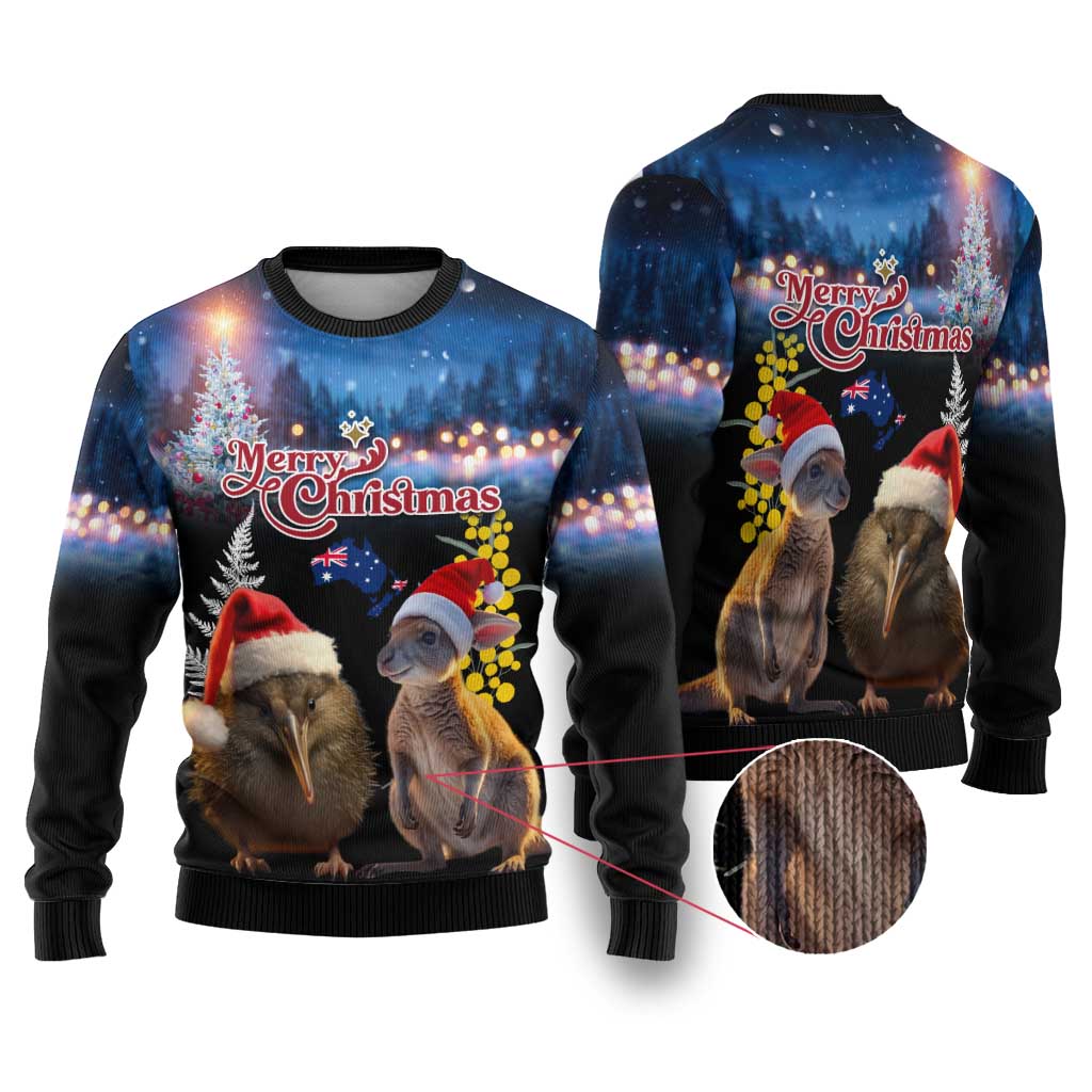 New Zealand and Australia Merry Christmas Ugly Christmas Sweater Kiwi Bird and Kangaroo Xmas Vibe LT03 Black - Polynesian Pride