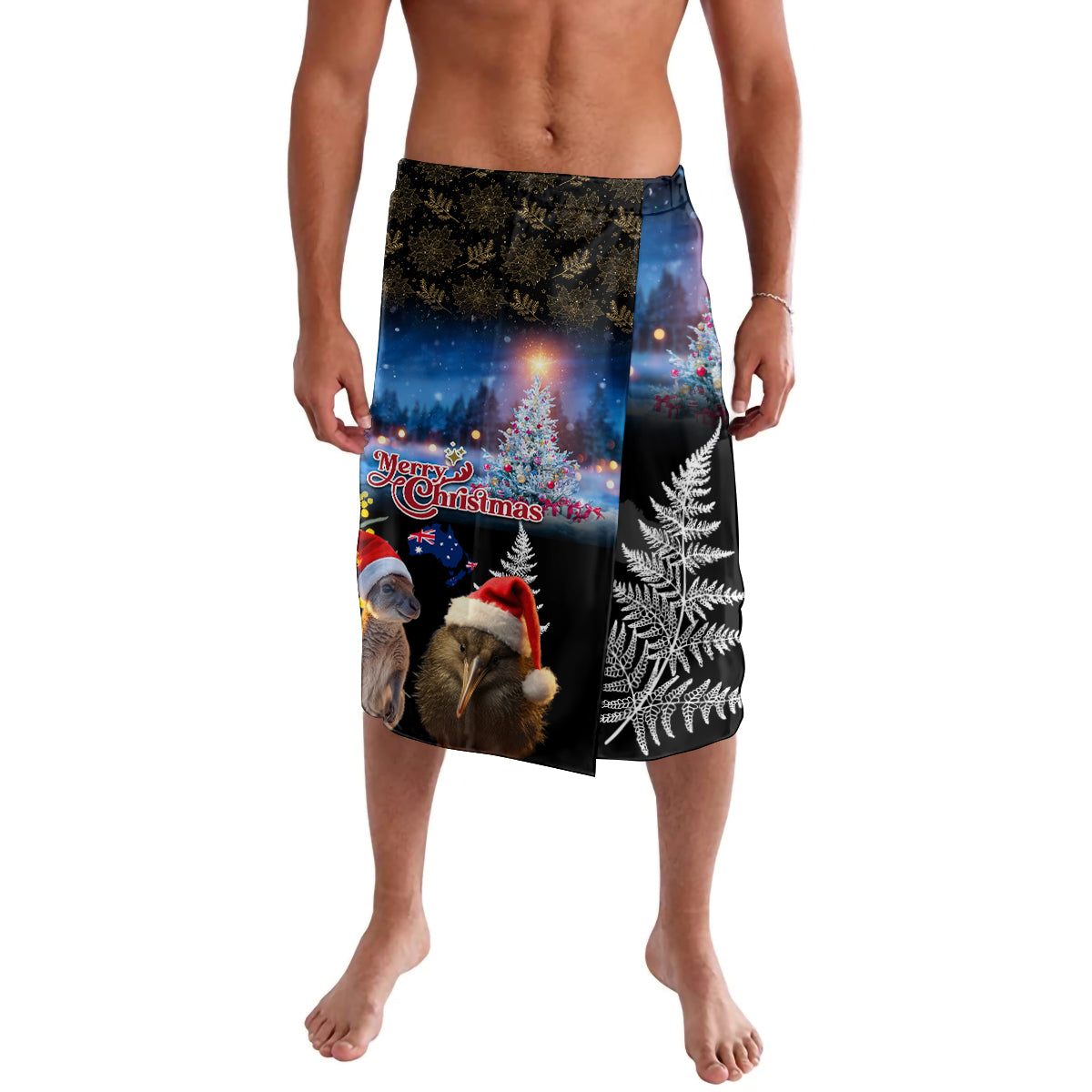 New Zealand and Australia Merry Christmas Lavalava Kiwi Bird and Kangaroo Xmas Vibe LT03 Black - Polynesian Pride