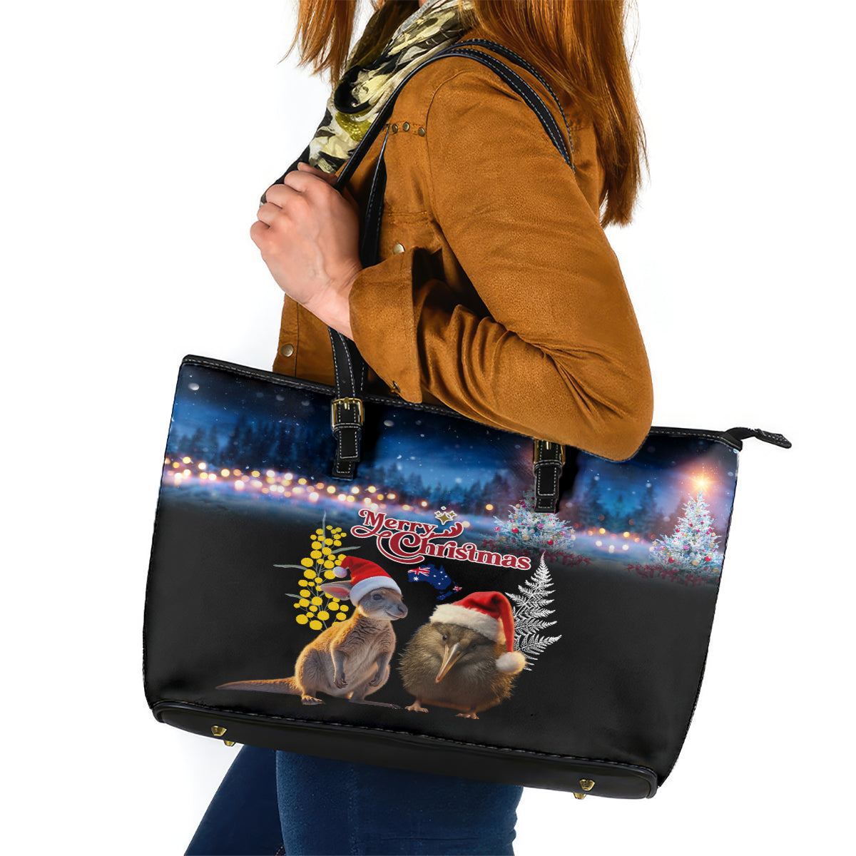 New Zealand and Australia Merry Christmas Leather Tote Bag Kiwi Bird and Kangaroo Xmas Vibe LT03 Black - Polynesian Pride