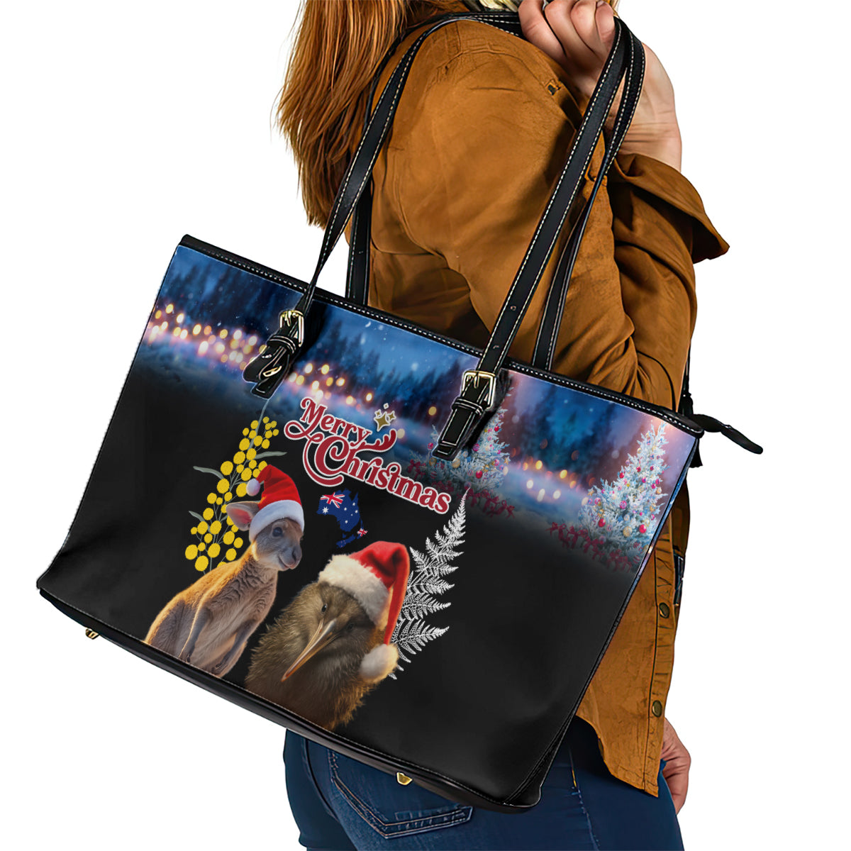 New Zealand and Australia Merry Christmas Leather Tote Bag Kiwi Bird and Kangaroo Xmas Vibe LT03 - Polynesian Pride