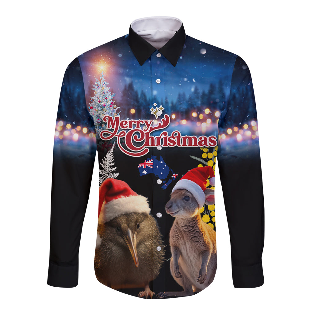 New Zealand and Australia Merry Christmas Long Sleeve Button Shirt Kiwi Bird and Kangaroo Xmas Vibe LT03 Unisex Black - Polynesian Pride