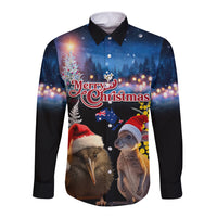 New Zealand and Australia Merry Christmas Long Sleeve Button Shirt Kiwi Bird and Kangaroo Xmas Vibe LT03 Unisex Black - Polynesian Pride