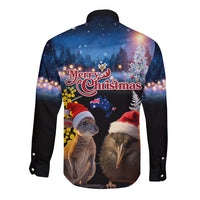 New Zealand and Australia Merry Christmas Long Sleeve Button Shirt Kiwi Bird and Kangaroo Xmas Vibe LT03 - Polynesian Pride