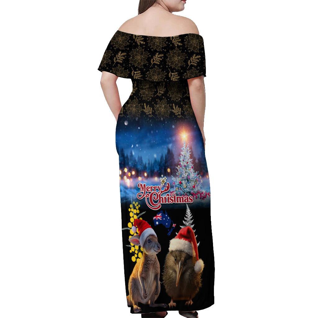 New Zealand and Australia Merry Christmas Off Shoulder Maxi Dress Kiwi Bird and Kangaroo Xmas Vibe LT03 - Polynesian Pride