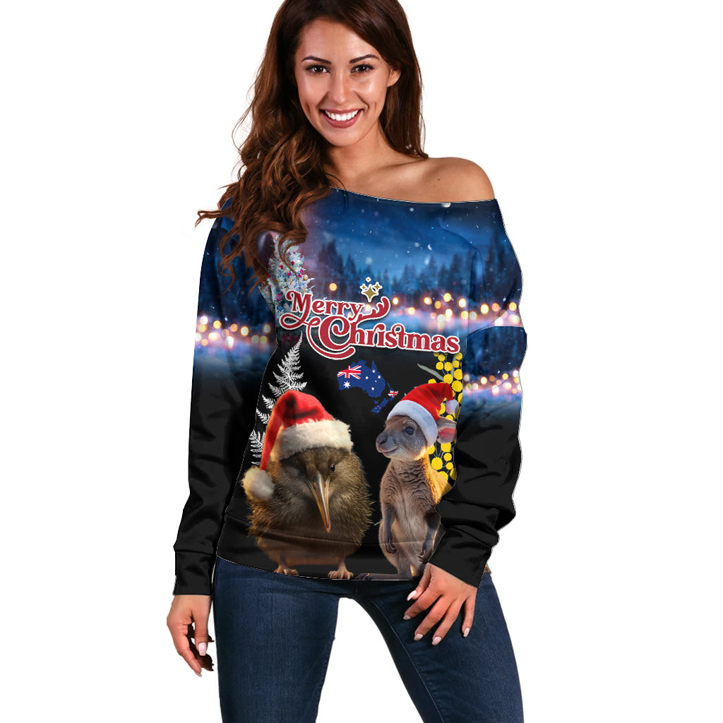 New Zealand and Australia Merry Christmas Off Shoulder Sweater Kiwi Bird and Kangaroo Xmas Vibe LT03 Women Black - Polynesian Pride
