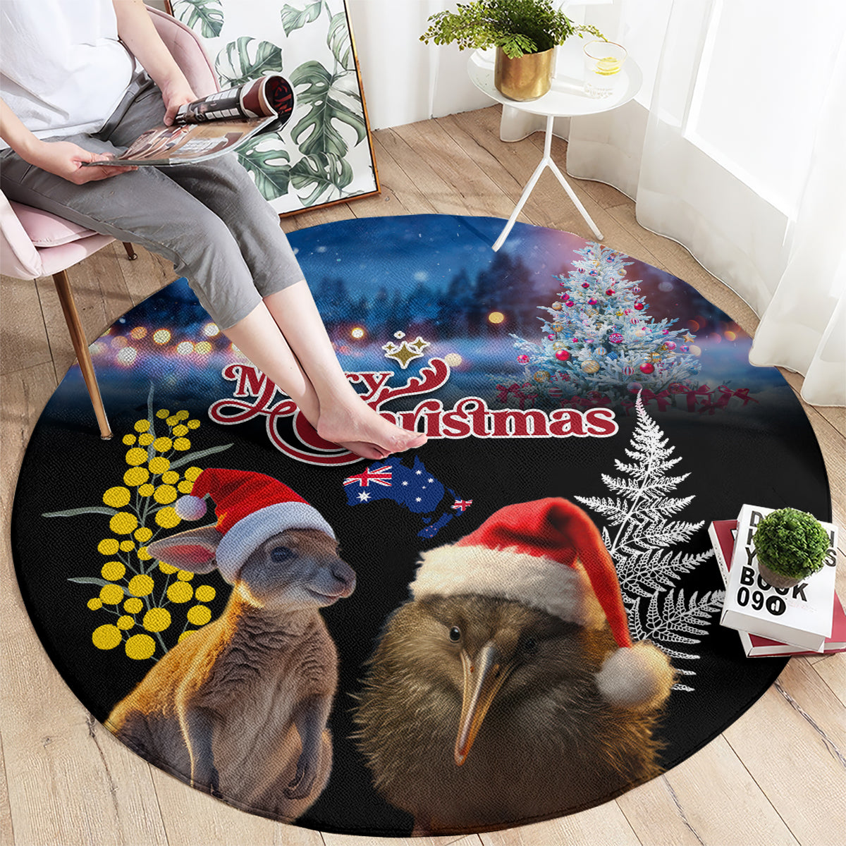 New Zealand and Australia Merry Christmas Round Carpet Kiwi Bird and Kangaroo Xmas Vibe LT03 - Polynesian Pride