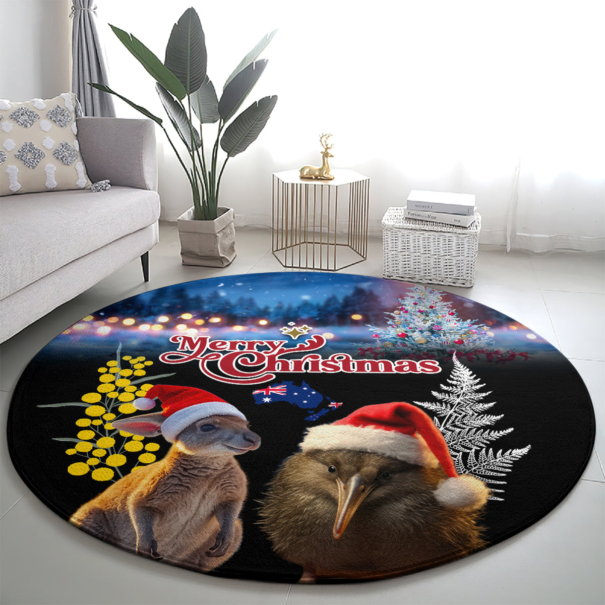 New Zealand and Australia Merry Christmas Round Carpet Kiwi Bird and Kangaroo Xmas Vibe LT03 - Polynesian Pride