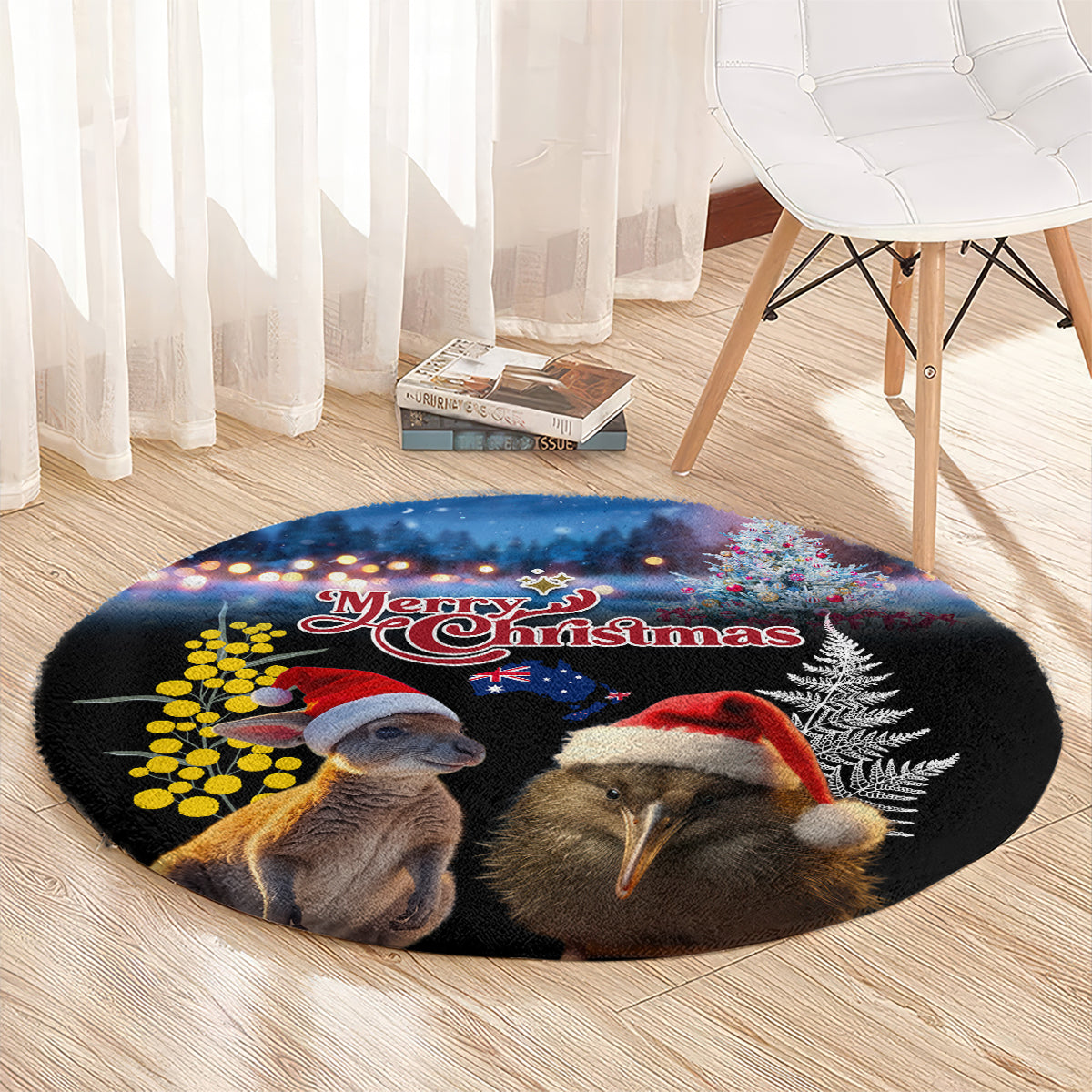 New Zealand and Australia Merry Christmas Round Carpet Kiwi Bird and Kangaroo Xmas Vibe LT03 - Polynesian Pride