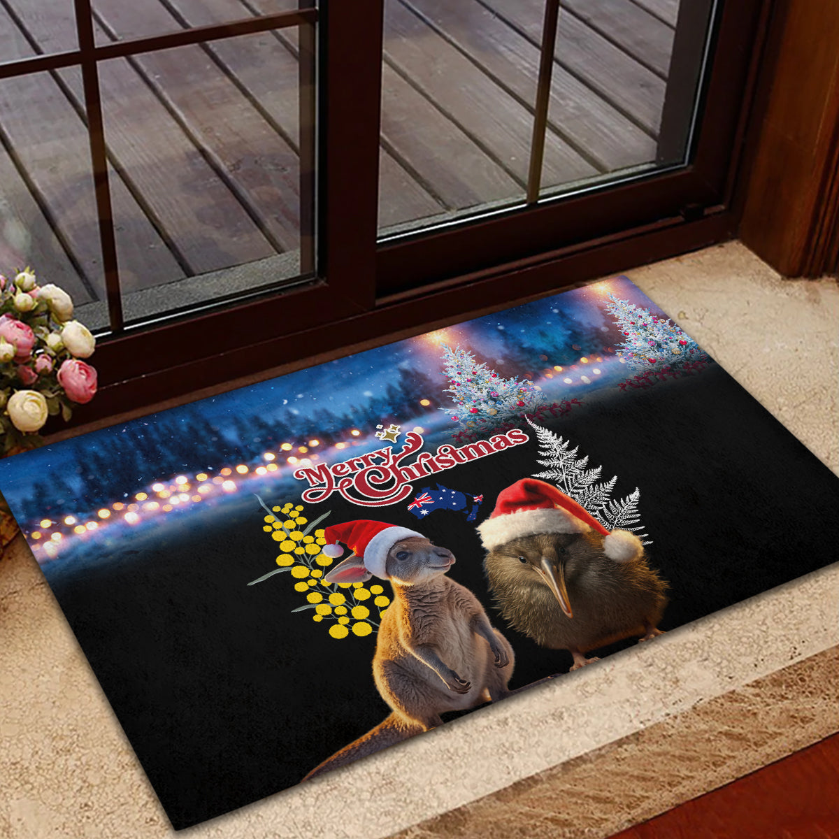 New Zealand and Australia Merry Christmas Rubber Doormat Kiwi Bird and Kangaroo Xmas Vibe LT03 - Polynesian Pride