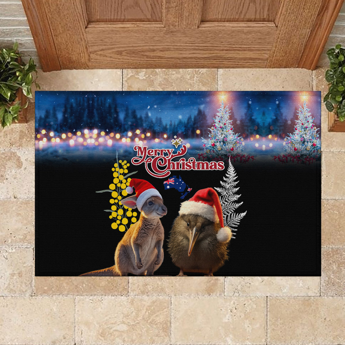 New Zealand and Australia Merry Christmas Rubber Doormat Kiwi Bird and Kangaroo Xmas Vibe LT03 - Polynesian Pride